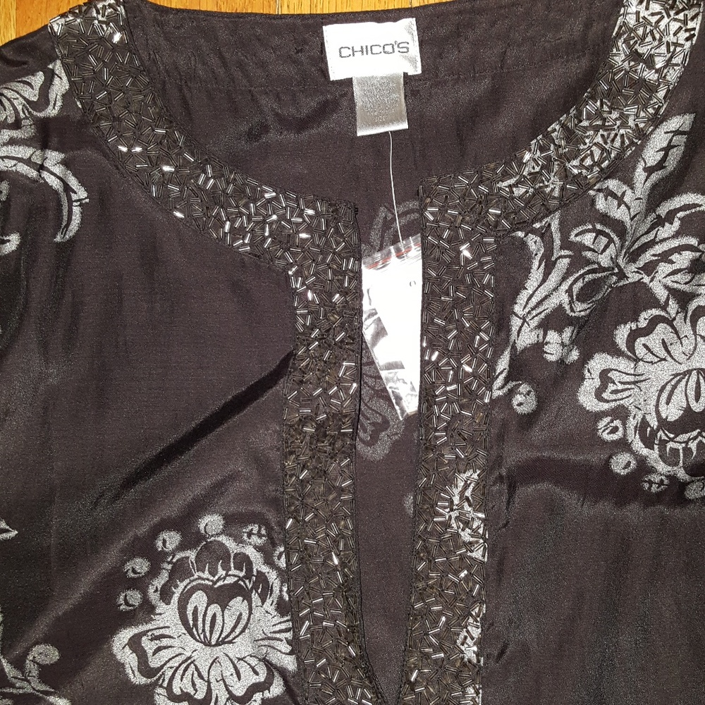 CHICO'S Black Embellished Floral Print Tunic Top - Picture 6 of 8